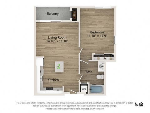 Floor plan for 1 bed, 1 bath, 777 sqft
